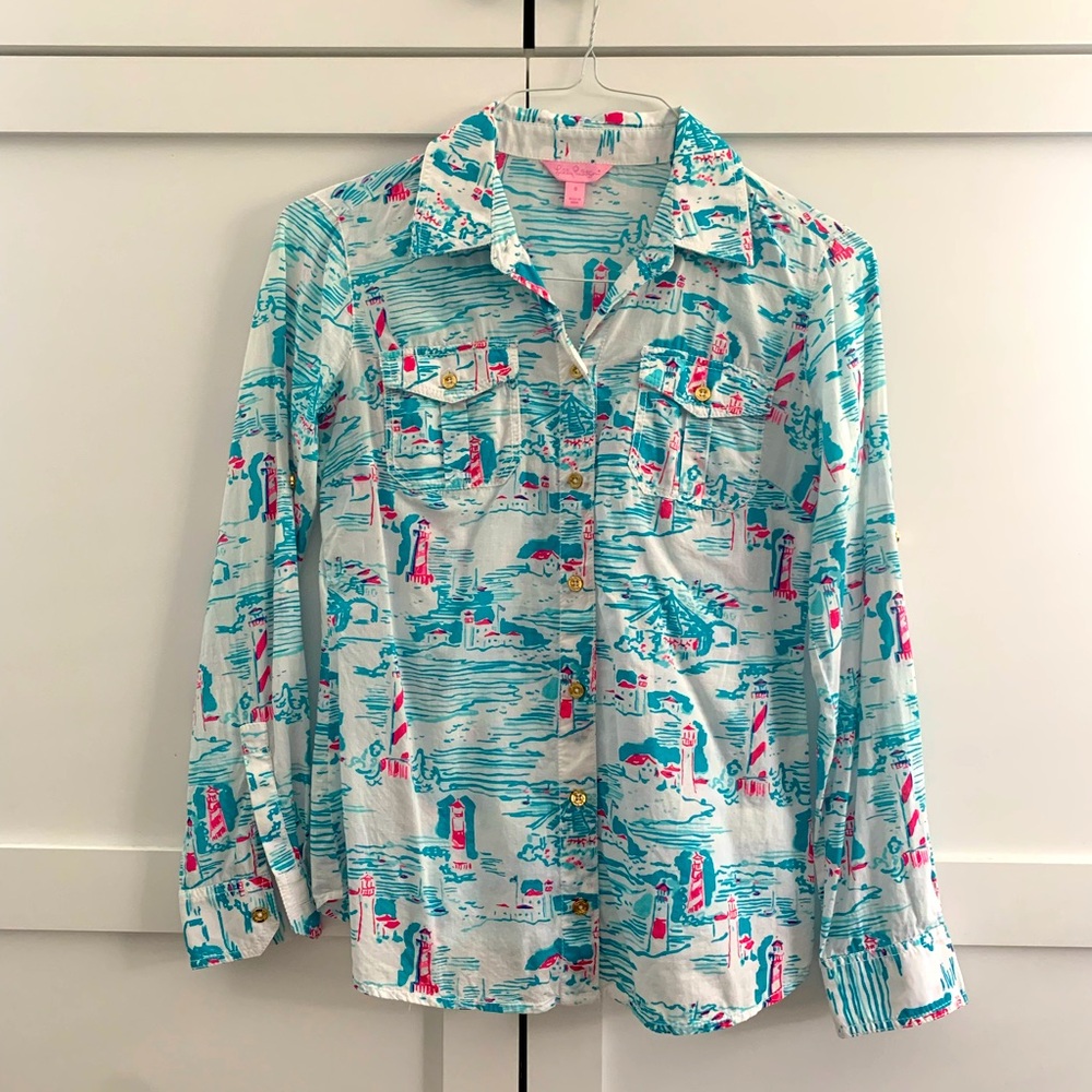 Lilly Pulitzer Watch Out Lighthouse long sleeve button-down shirt, Size 0